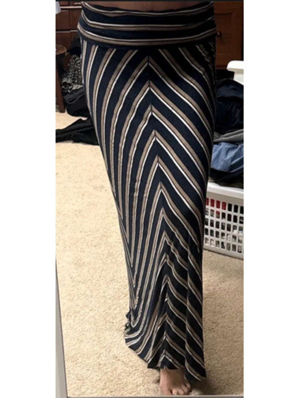Max Studio M Chevron Striped Maxi Skirt Black Tan Cream Boho Stretch